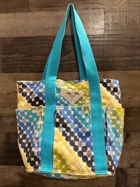 Roxy Multicolor Dot Canvas Tote with Turquoise Straps